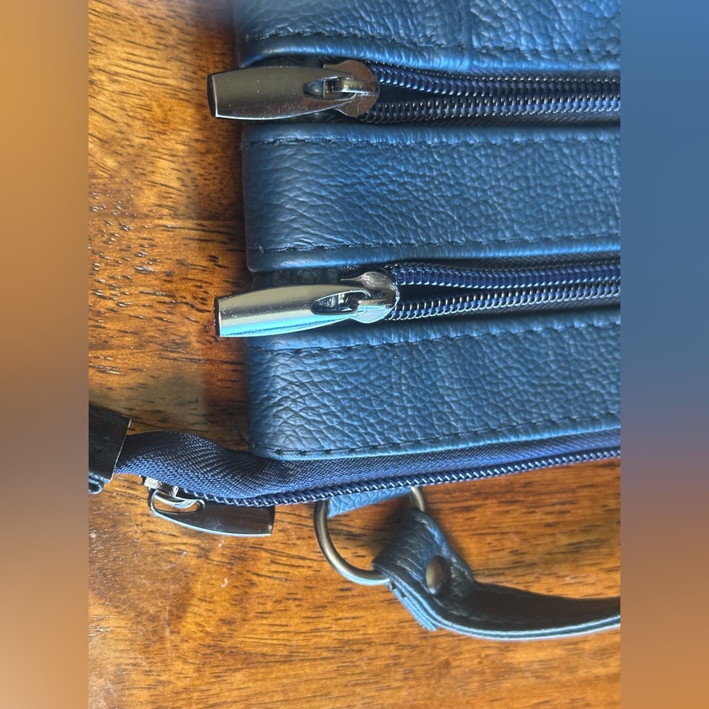 Genuine Leather Navy Crossbody Bag Multi Zip Organizer Travel Purse Small - Picture 4 of 13